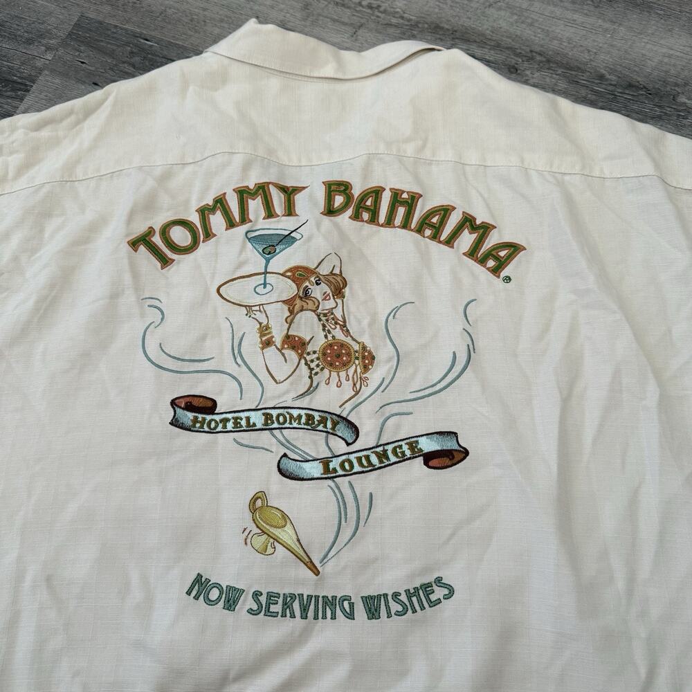 Tommy Bahama 100% Silk Embroidered Shirt Mens XXL Beige Hotel Bombay Lounge